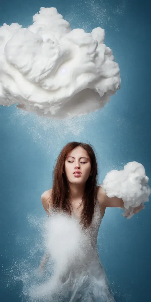 Image similar to beautiful girl made of an aggressive cream drop cloud in water