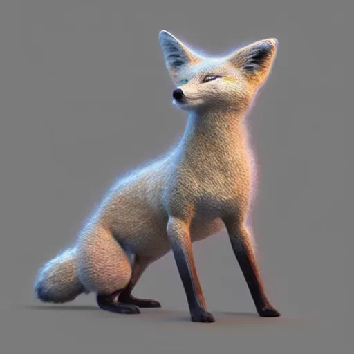 Prompt: vivid 3D animated designscapes with bursts of radiant particles–building an ethereal minimal space sculpture of a fox, professional concept art, trending on artstation, geometric