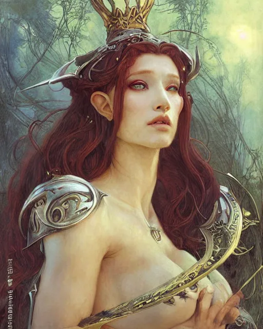 Image similar to a beautiful elf queen by BROM, Edgar Maxence and Ross Tran and Michael Whelan and Jules Bastien-Lepage