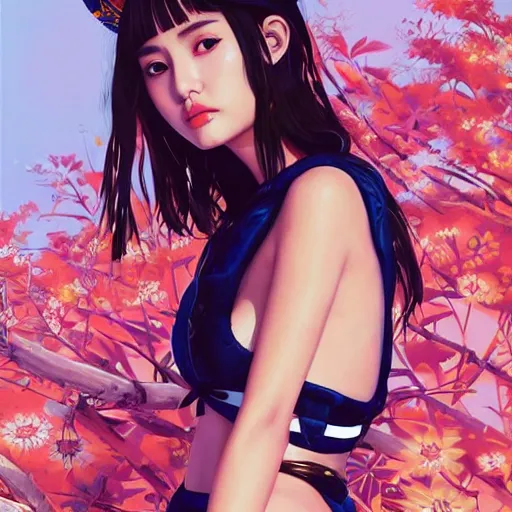 Image similar to a beautiful young japanese natalie portman alluring gravure model, stylized concept art, wearing big elaborate designer bomber jacket and one piece bikini, bomber jacket with mesoamerican patterns, mesoamerican native street fashion, princess mononoke, painted by ilya kuvshinov aesthetic, gorgeous, stunning, alluring, attractive, artstation, pinterest, digital art