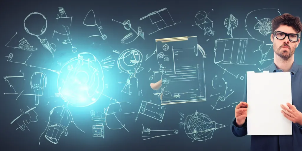 Prompt: the scientist is holding a folder of documents and looks wonderfully, he is in shock, the folder glows and lights up his face, professional lighting, concept art