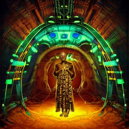 Prompt: symmetry!! a dogon priest opening a steampunk neon portal in the lost realm, with a single glowing hut in the void, by machina infinitum and android jones, surreal psychedelic portrait style, dim lit, rim light, intricate and detailed environment, radiant lighting