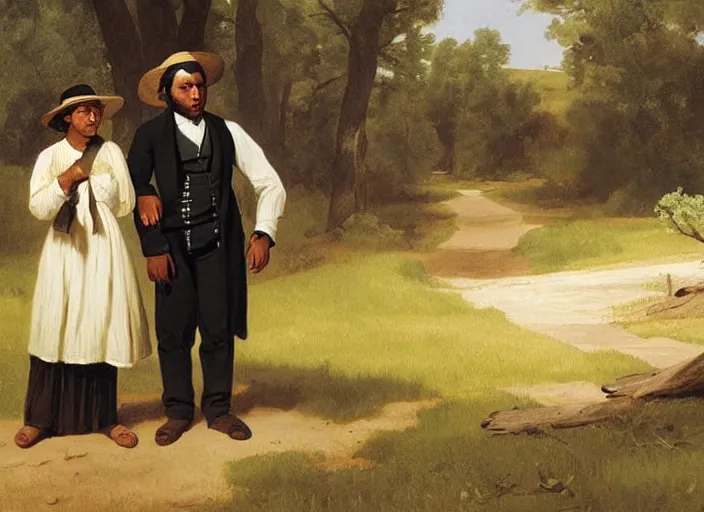 Prompt: white and black people are friends in the old south, art by george caleb bingham and thomas anshutz