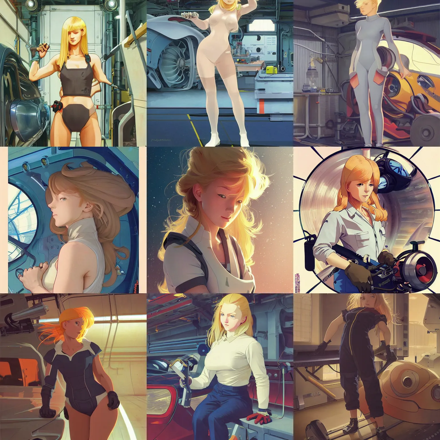 Prompt: a mechanic working in a busy starship hanger, retrofuturism, finely illustrated face, long blonde hair, bodysuit, highly detailed, colored pencil, studio ghibli, tankobon, in the style of ilya kuvshinov and krenz cushart and william - adolphe bouguereau and alphonse mucha