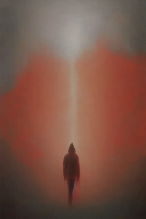 Image similar to a painting of a person standing in the snow, a surrealist painting by zdzisław beksinski and by alena aenami, deviantart, nuclear art, dystopian art, apocalypse landscape, red color scheme, surrealist