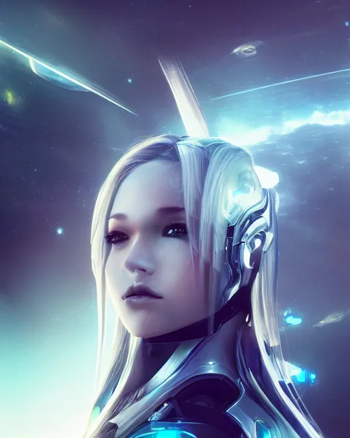 Image similar to perfect android girl on a mothership, warframe armor, beautiful face, scifi, futuristic, galaxy, nebula, raytracing, dreamy, long white hair, blue cyborg eyes, sharp focus, cinematic lighting, highly detailed, artstation, divine, by gauthier leblanc, kazuya takahashi, huifeng huang