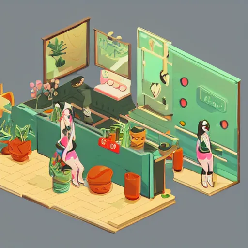 Image similar to cannabis cafe detailed cute characters, isometric fun style rendered, by ren hang, australian style video game still