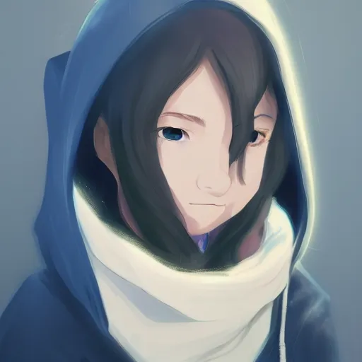 Prompt: a portrait of a moody teenage girl in a hoodie, dramatic lighting, makoto shinkai, trending on artstation