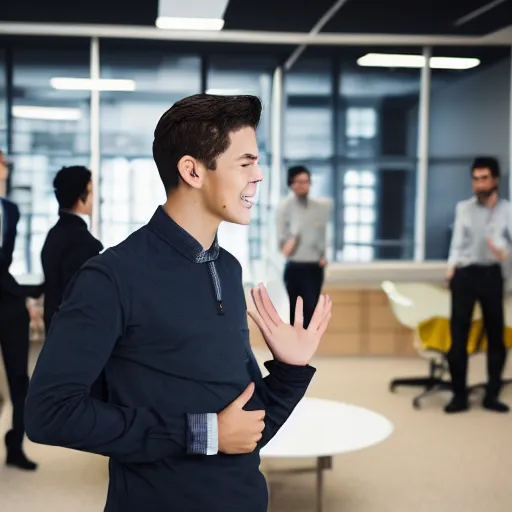 Image similar to photo of a young man waving goodbye emotionally to a group of his coworkers in office, 25mm, f8