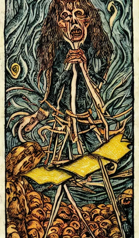 Prompt: full - color 1 5 0 0 s tarot - card illustrated in the style of clive barker depicting scenes of death and torment in the underworld. highly - detailed ; mystical ; horror.