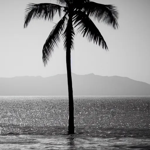 Image similar to a photo of a sea with a moon, two palm trees in front and a staircase. black and white. at night.