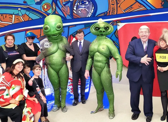 Image similar to a politician photo op with galactic aliens