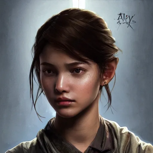 Image similar to Girl from TLOU with a pronounced Caucasoid-Slavic features, thin lips, pronounced cheekbones, light brown hair of medium length (longer caret), highly detailed, digital painting, artstation, concept art, smooth, sharp focus, illustration, ArtStation, art by artgerm and greg rutkowski and alphonse mucha and J. C. Leyendecker and Edmund Blair Leighton and Katsuhiro Otomo and Geof Darrow and Phil hale and Ashley wood and Ilya repin and Charlie Bowater