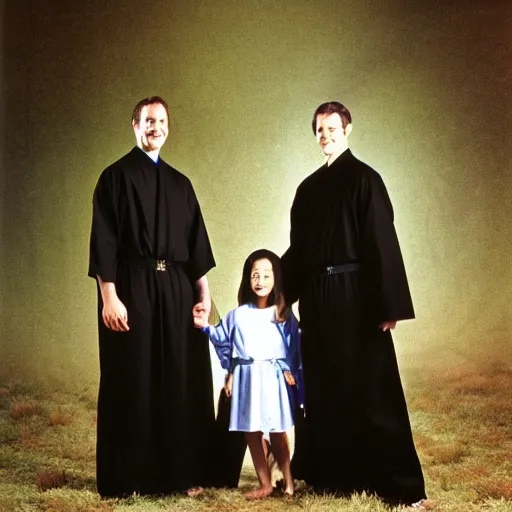 Image similar to 1 9 9 0's sears portrait photo, a family wearing long black cult robes and a giant evil sinister demonic creature
