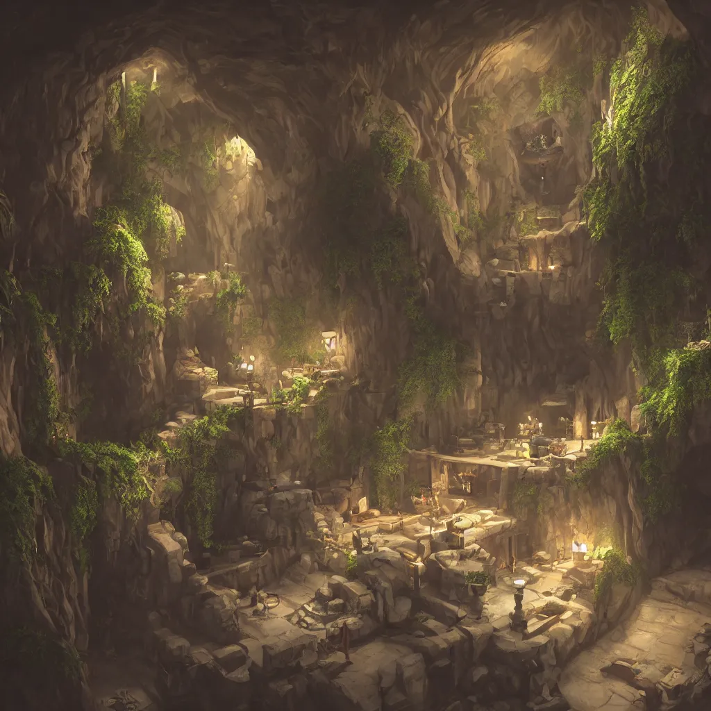 Image similar to secret overwatch common area carved inside a cave, doors to various bedrooms, sheltered, magical, natural light, planters, central tree, candle light, cinematic lighting, clean lines, cozy, fantasy, fantasy architecture, sharp focus, concept art, octane render 4 k, artstation