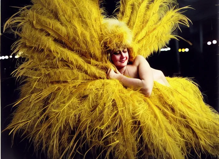 Prompt: realistic photo of the sleeping person, wearing a golden leaf feathers fluffy fur carnival costume. 1 9 9 0, life magazine reportage photo