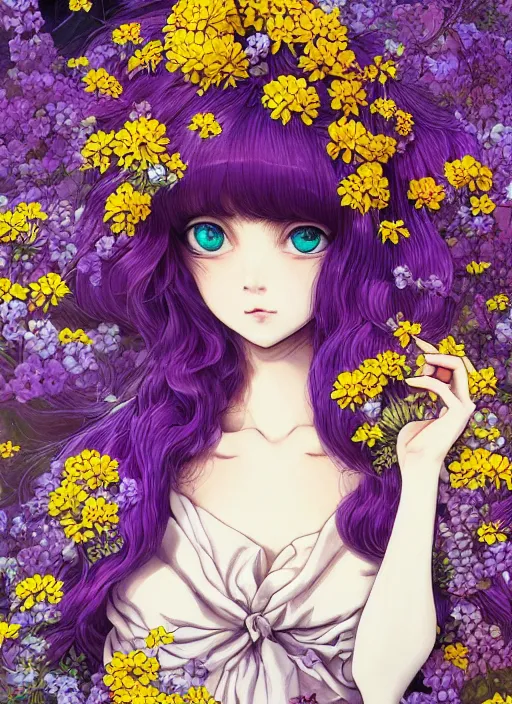 Prompt: elf girl wearing an flower suit, soft hair. light color palate, purple, yellow and white. detailed soft painting, ayami kojima, made in abyss, anatomically correct, ilya kuvshinov, inspired in balthus, high detailed face anime, vogue magazine, glorious composition, mobile wallpaper, trending on pixiv