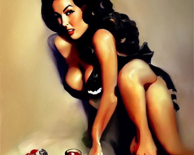 Prompt: beautiful pin up painting of monica bellucci, sexy, realistic, shallow focus background, detailed, 8 k, artstation, dramatic lighting