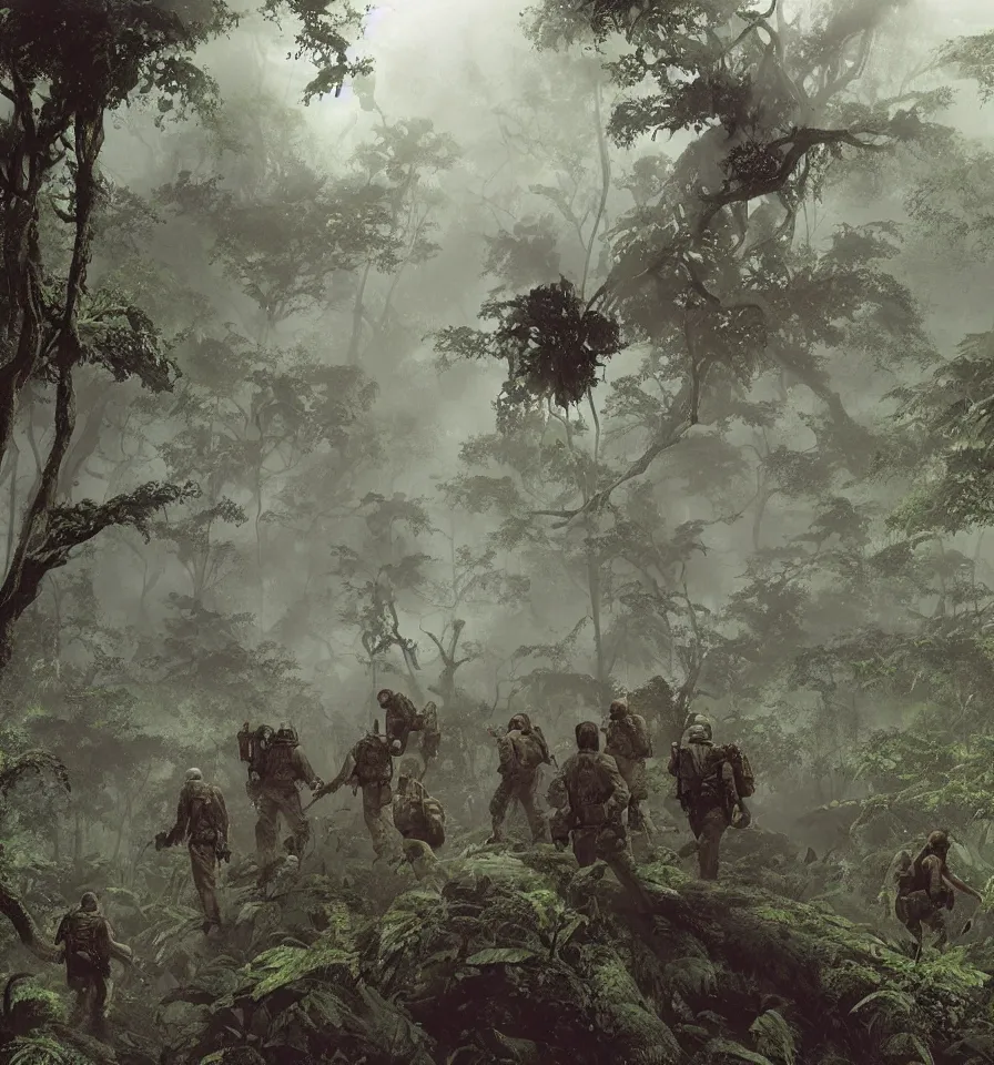 Prompt: A picture of a special forces team consisting of Mel Gibson, Tuesday Weld, James Caan, Don Johnson, Dieter Meier and Rebecca de Mornay professionally working together to find out a way of a dense and foggy rainforest. A detailed and realistic Illustration made by Greg Rutkowski, Peter Elson, Bruce Pennington and Michael Whelan using state of the art painting equipment.