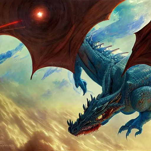 Image similar to Large blue scaled dragon devouring an earth like planet while flying in space, European four-legged dragon, sun system, nebula, oil painting, by Fernanda Suarez and Edgar Maxence and Greg Rutkowski