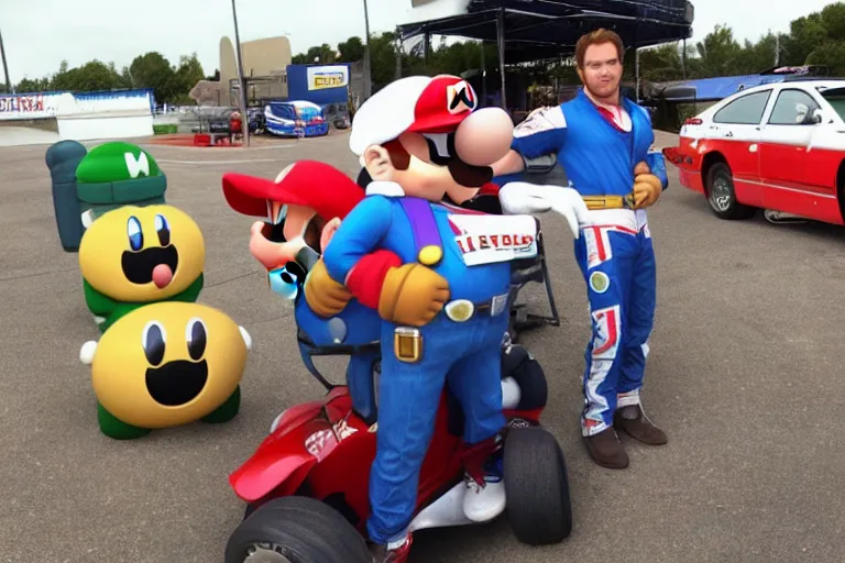 Image similar to chris pratt as super mario, nascar, hyper-realistic