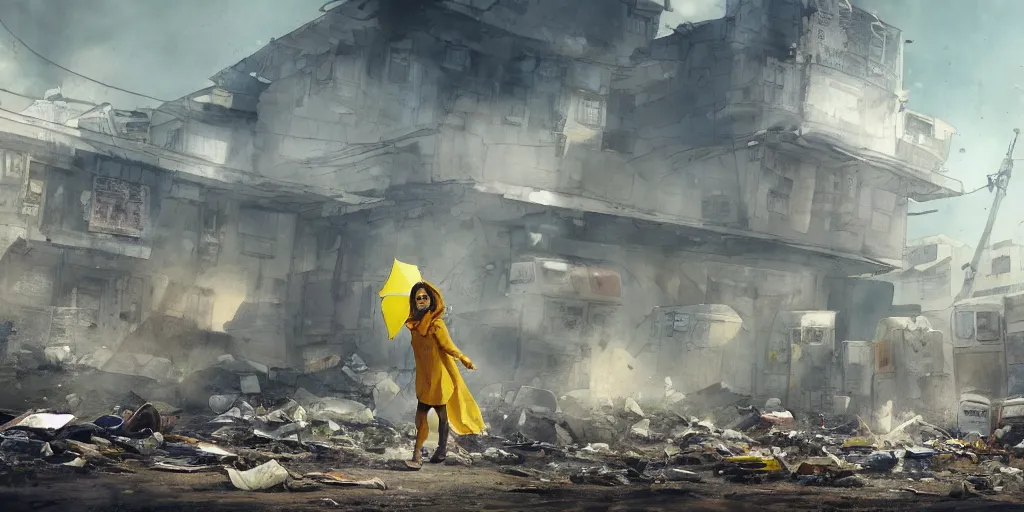 Image similar to incredible wide screenshot, ultrawide, simple watercolor, rough paper texture, backlit distant shot of girl in a parka running from a giant robot invasion side view, yellow parasol in deserted dusty junk town, broken vending machines