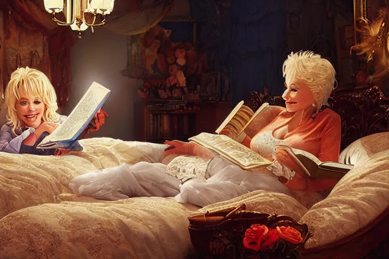 Prompt: portrait of dolly parton reading a bedtime story to bob barker in bed, an oil painting by ross tran and thomas kincade