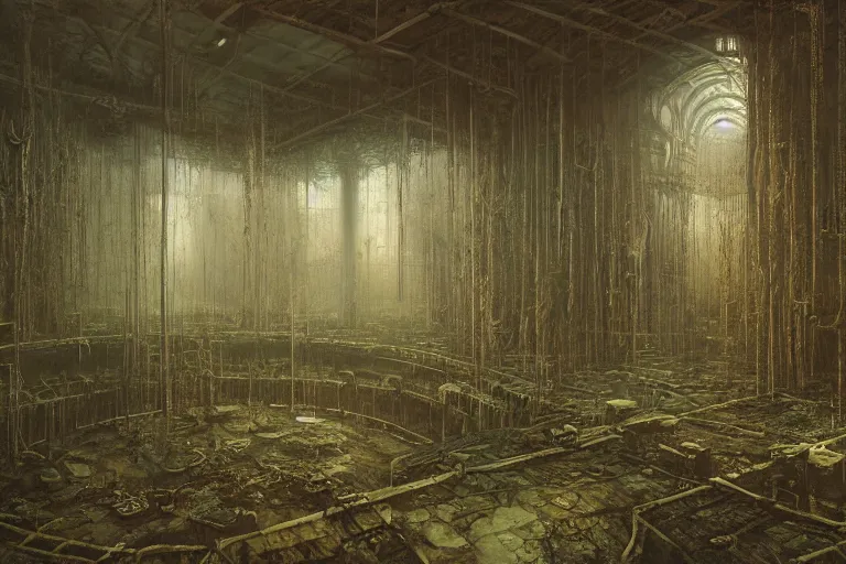 Prompt: flooded overgrown interior of boeing, matte painting, oil painting, by beksinski and giger and rutkovski, photoreal, highly detailed, hd, 8 k