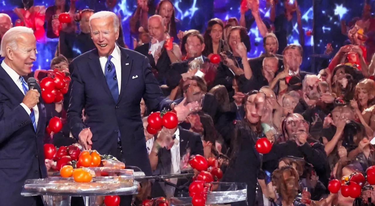 Image similar to joe biden singing on americas got talent with tomatos being thrown at him