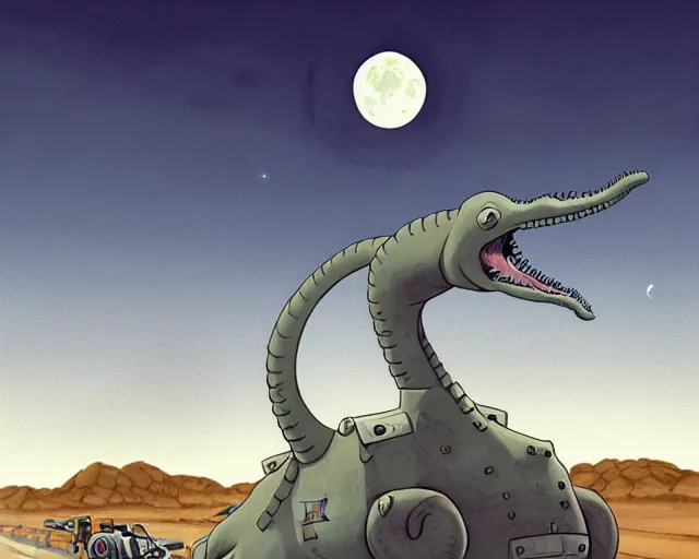 Prompt: a cell shaded cartoon giant grey lovecraftian mechanized brontosaurus from howl's moving castle ( 2 0 0 4 ), with a big head, on a desert road, wide shot, in front of a big moon, muted colors, post grunge, josan gonzales, wlop, by james jean, victor ngai, hq, deviantart, art by artgem