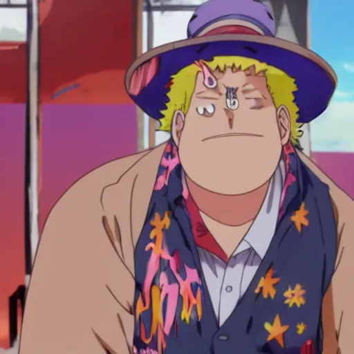 Prompt: A still of Jonah Hill with blonde hair wearing a tie dye t-shirt and a hat in One Piece Anime Series