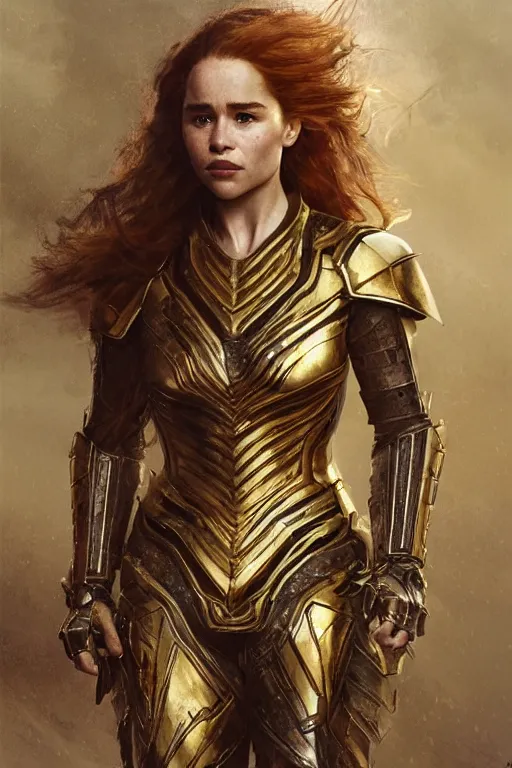 Prompt: redhead emilia clarke wearing black and gold geometric armour, bare legs, detailed, by gaston bussiere, bayard wu, greg rutkowski, giger, maxim verehin, greg rutkowski, masterpiece, sharp focus, cinematic lightning