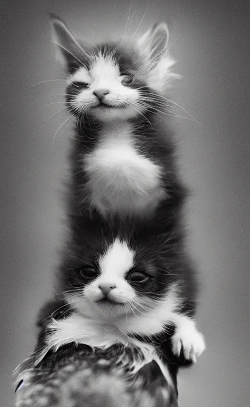 Image similar to Award winning Editorial photo of an adorable kitten standing on the back of a calm and happy duckling by Edward Sherriff Curtis and Lee Jeffries, 85mm ND 5, perfect lighting, gelatin silver process