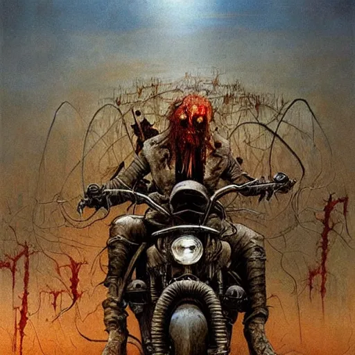 Prompt: epic wizard riding motorcycle through zombie infested apocalyptic city, highly detailed beksinski art