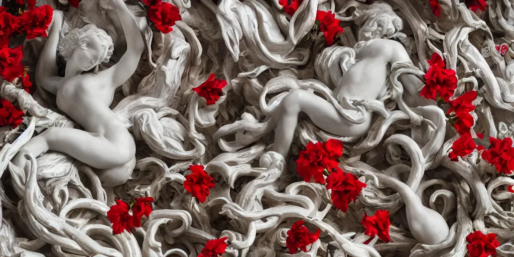 Prompt: tilt shift, prismatic, italian masterpieces, white marble sculptures, baroque, beautiful, gracious, pagans, marble, clouds, sun, fruits, bioluminescent skin, draped with red flowers and vines, ultra detailed