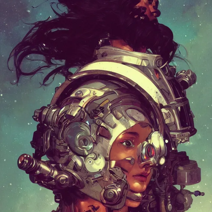 Prompt: a head and shoulders portrait of a space pirate, neon, retro, steampunk, smooth, sharp focus, intricate, artstation, detailed concept art by Caravaggio and Greg rutkowski and Sachin Teng and Thomas Kindkade and Alphonse Mucha and Norman Rockwell and Tom Bagshaw
