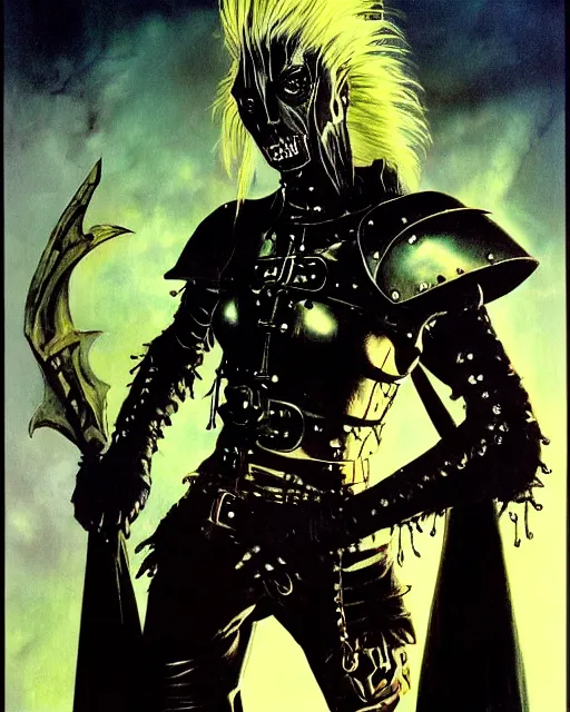 Prompt: portrait of a skinny punk goth wizard wearing armor by simon bisley, john blance, frank frazetta, fantasy, thief warrior