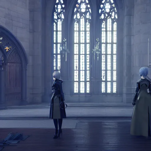 Image similar to 2B nier automata standing in front of a church, detailed, artstation, concept art, Unreal Engine 5 render, 8K