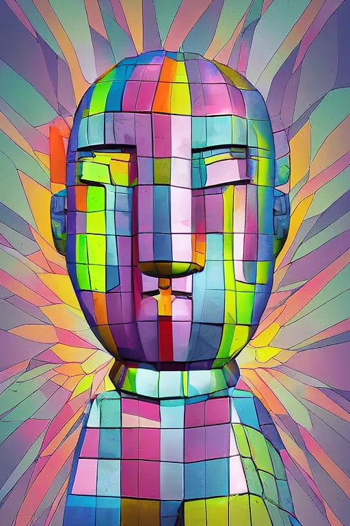 Image similar to cubist moai statue cutout digital illustration cartoon colorful beeple