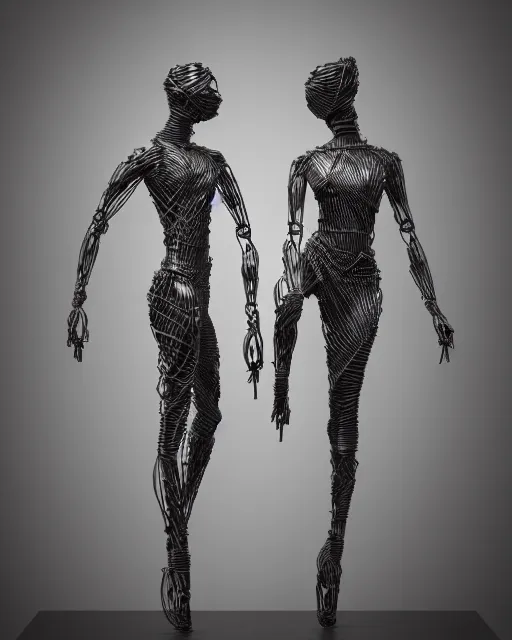Prompt: sculpture of two dancers made of steel wires, volumetric lighting, sci fi, deviant art, Trending on ArtStation, hyper realism, high detail, octane render, high contrast, vibrant , 8k