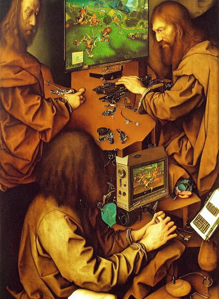 Prompt: Men playing video games on CRT television using Atari joysticks. Painting by Albrecht Dürer. Intricate details. hyper realism. Masterpiece.