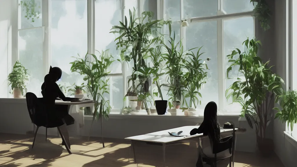 Prompt: peaceful dreamy painting of a beautiful young woman sitting at a desk, black cat on the desk, sunshine coming through the window, small plants on the window sill, 8k, hyper realism, trending on artstation, octane render, dynamic lighting