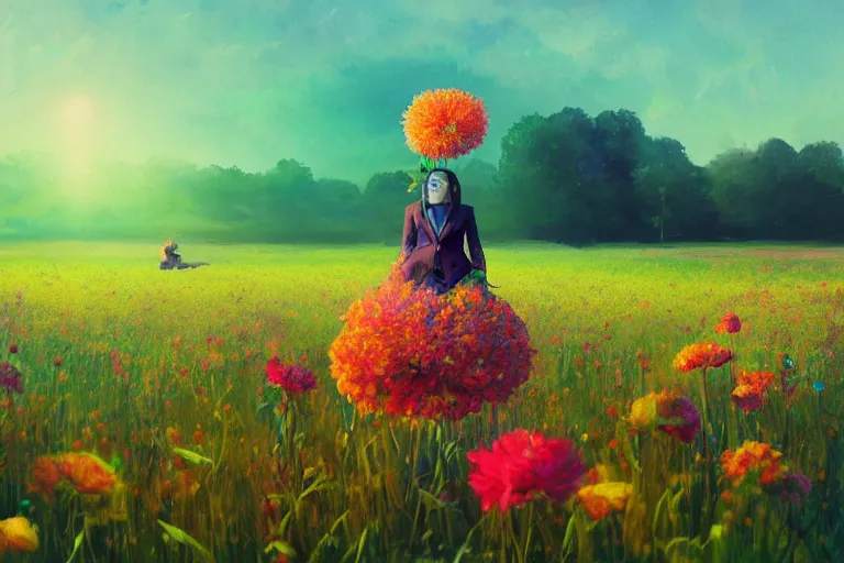 Image similar to closeup, giant flower head, girl in suit floating above field of flowers, surreal photography, sunrise, blue sky, dramatic light, impressionist painting, digital painting, artstation, simon stalenhag