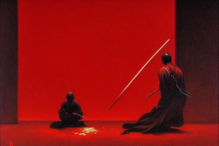 Image similar to only with red, a red samurai harakiri, tokio, a lot of frogs watch, in the style of beksinski, parts by edward hopper, parts by rodcenko, parts by yue minjun, intricate and epic composition, red by caravaggio, insanely quality, highly detailed, masterpiece, red light, artstation, 4 k