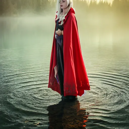 Image similar to beautiful lady with white long hair and dressed with a red victorian cloak, standing in a lake, mist, morning light, photorealistic