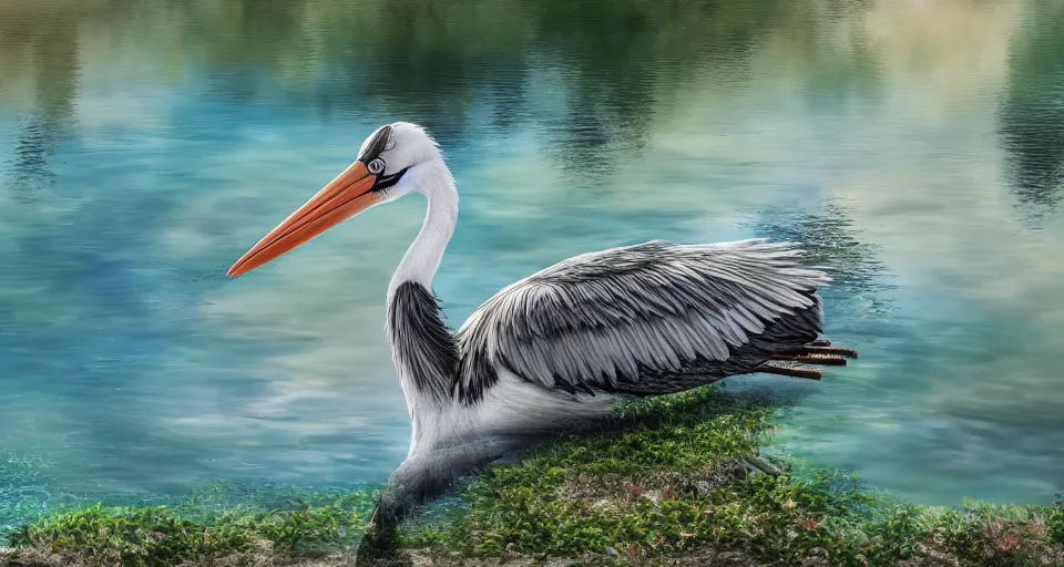 Prompt: A beautiful hyper realistic ultra detailed lifelike matte painting of a stork in a lake, reef, water reflection, unreal engine, deviantart, flickr, artstation, octane render, textured, colorful, extreme realistic detail, physically based rendering, pbr render, very detailed, volumetric lighting, detailed lighting, octane render, 4k, cinematic lighting, 8k resolution