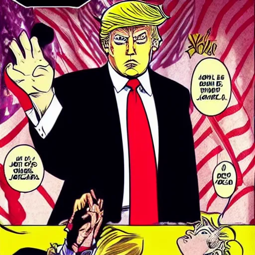 Prompt: Donald trump in JoJo’s bizarre adventure manga, the menacing symbols can be seen above his head