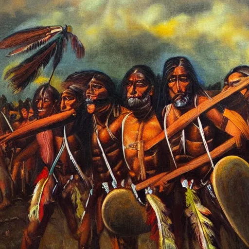 Prompt: colonisers fight native americans oil painting