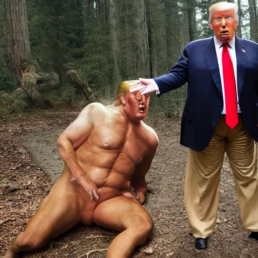 Prompt: donald trump getting pegged by sasquatch in the middle of the forest