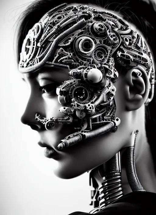 Image similar to a stunning young female cyborg profile face, face is made intricate tribal bio - mechanical, editorial photography, bw, shot on 7 0 mm, depth of field, f / 2. 8, high contrast, 1 6 k, rays of shimmering light, volumetric lighting, shiny, insanely detailed and intricate, hypermaximalist, elegant, ornate, hyper realistic, super detailed